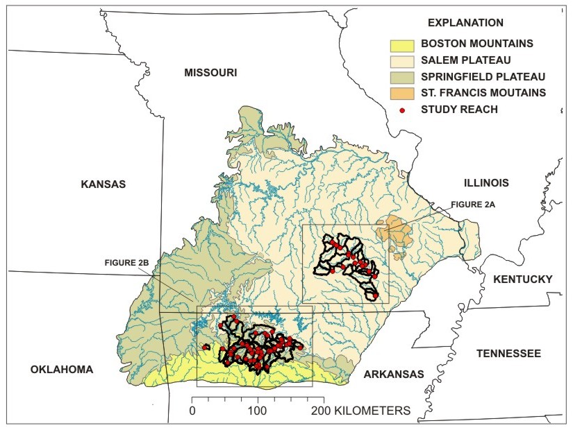 Map of Ozark Plateaus and study drainage basins