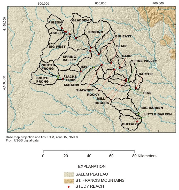 Map of study drainage basins, Current River